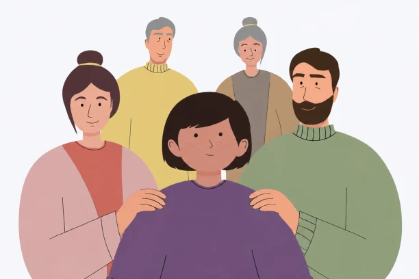 An illustration of a child with both parents and grandparents standing behind them
