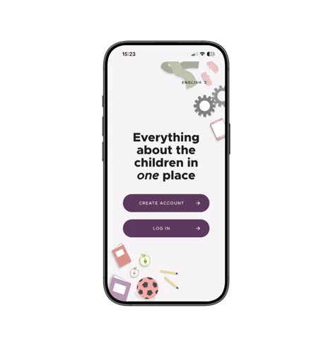 The app's start screen on a phone, headed "Everything about the children in one place", with buttons to create an account and log in