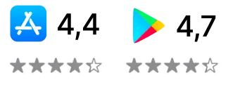App ratings: 4.4 on the App Store and 4.7 on Google Play, four of five stars filled on each