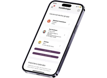 The app's settings screen listing the family group: a parent, an important adult and a child, with buttons to add more