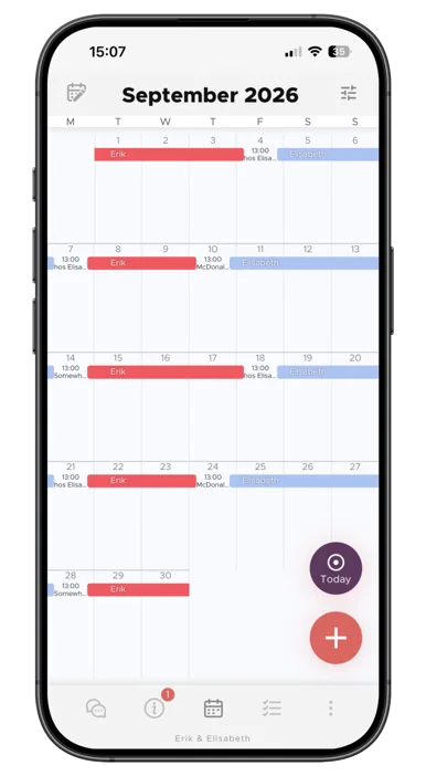 The app's calendar on a phone, showing each parent's weeks with the children as coloured bars
