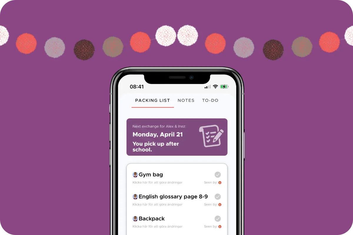 The app's Packing List tab before the April 21 handover: gym bag, English glossary page 8-9, backpack