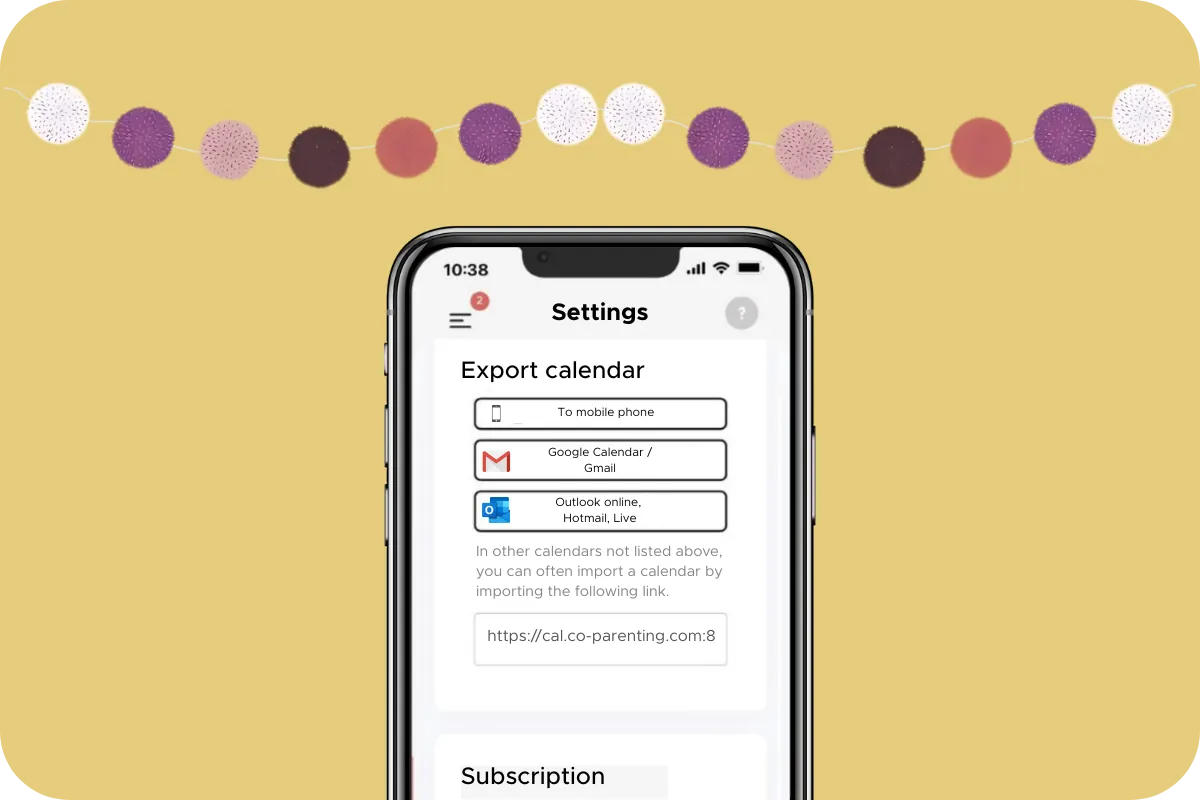 The app's Settings screen for exporting the calendar to your phone, Google Calendar/Gmail or Outlook