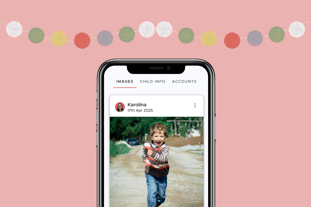 The app's Images tab, next to Child Info and Accounts, showing a shared photo of a laughing boy running down a path