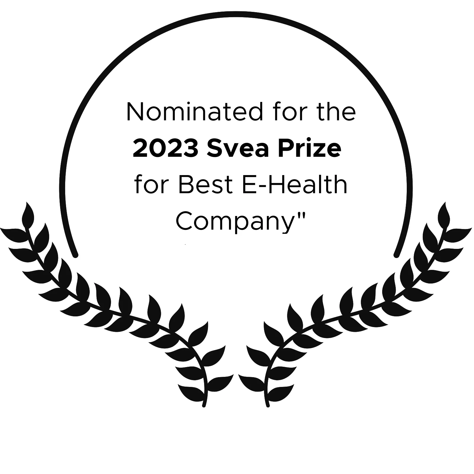 Laurel-wreath badge reading "Nominated for the 2023 Svea Prize for Best E-Health Company"